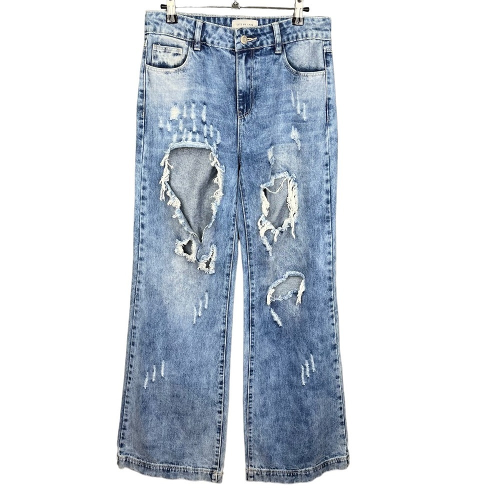 Litz By Uniq Rocker Distressed Wide Leg Boyfriend Acid Was Jeans Size 26